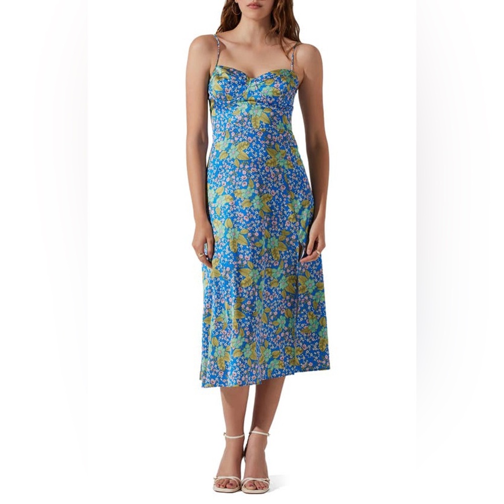 Astr The Label Bustier Satin Blue Floral Midi Dress